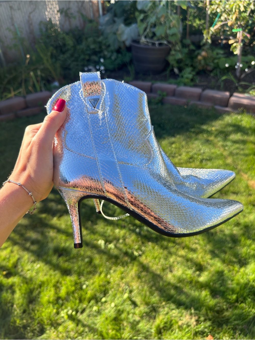 Guess Silver Metallic Pointed-Toe Heeled Ankle Boots